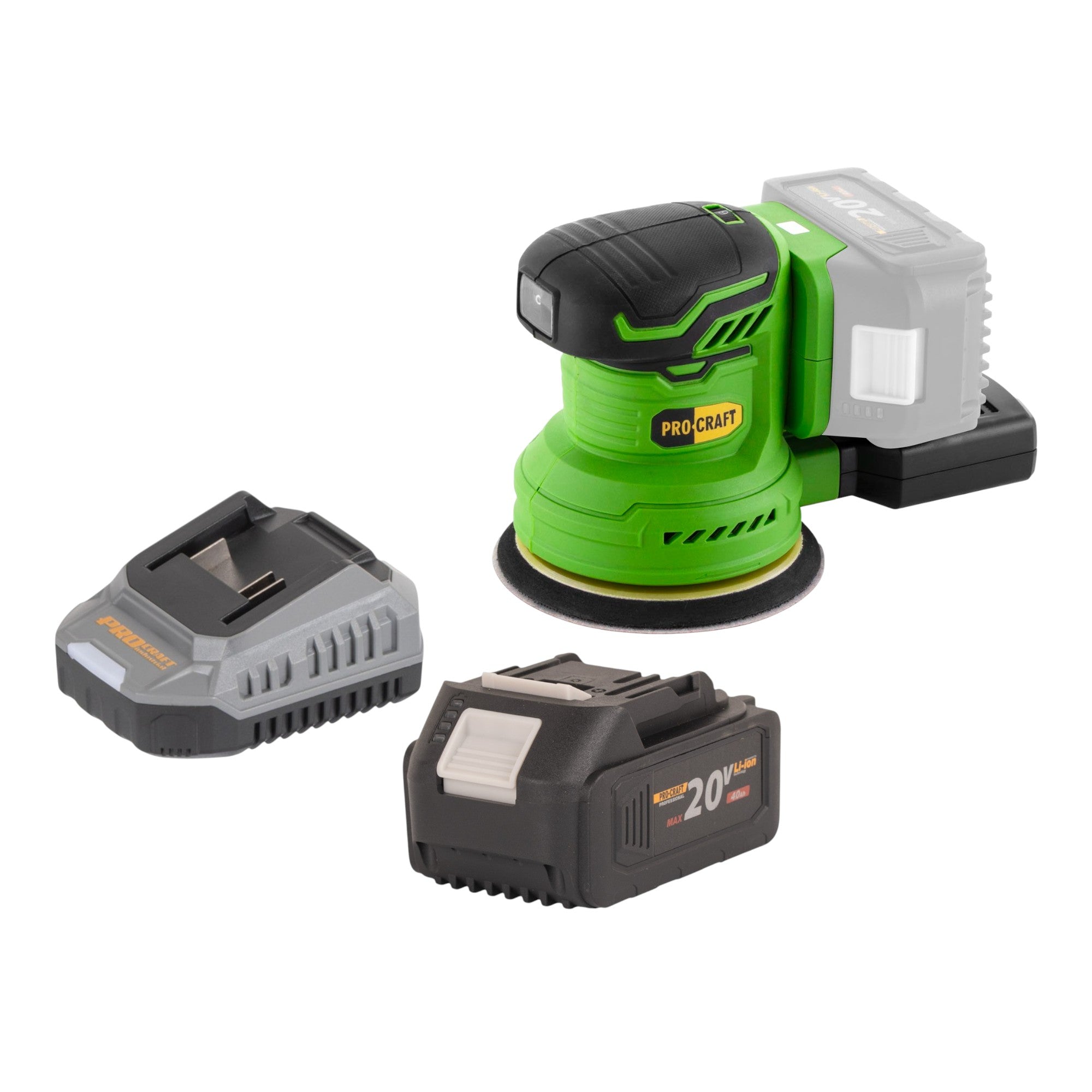 Procraft PX20BLbb Akku Exzenterschleifer 20 V 125 mm Brushless + 1x Akku 4,0 Ah + Ladegerät