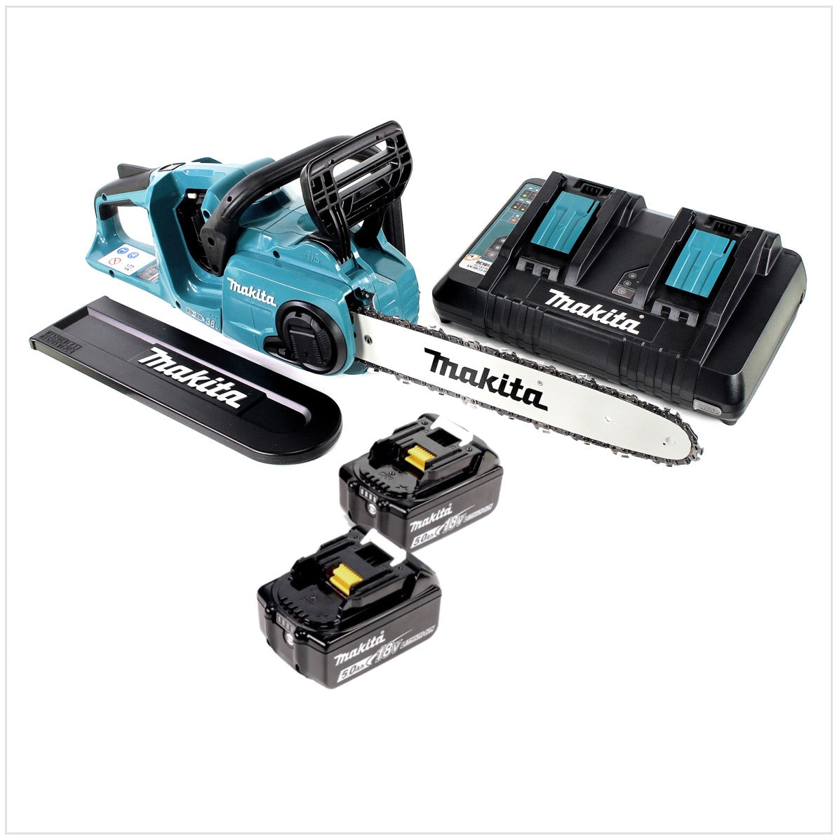 Makita DUC 353 PT2 Akku Kettensäge 36V ( 2x18V ) Brushless 35 cm + 2x 5,0 Ah Akku + Doppelladegerät