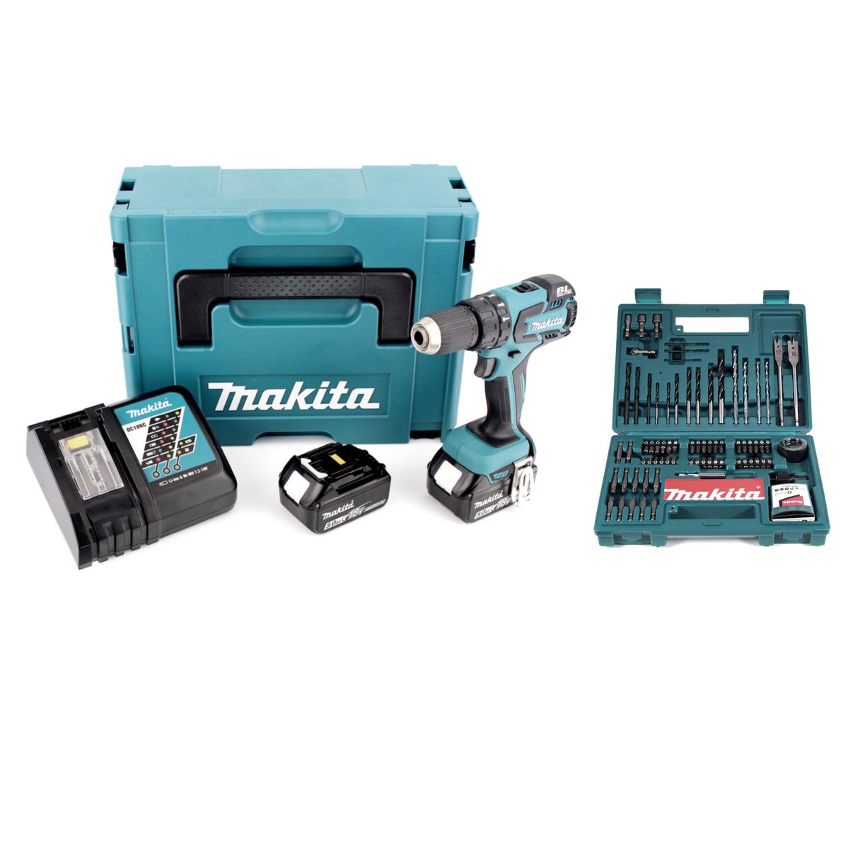 Makita DHP 459 RTJ Cordless Brushless Combi Drill 18V 2x Batteries BL  1850 B Ah 1x Charger DC18RC Makpac B-53811 Bit Brill set, 100 