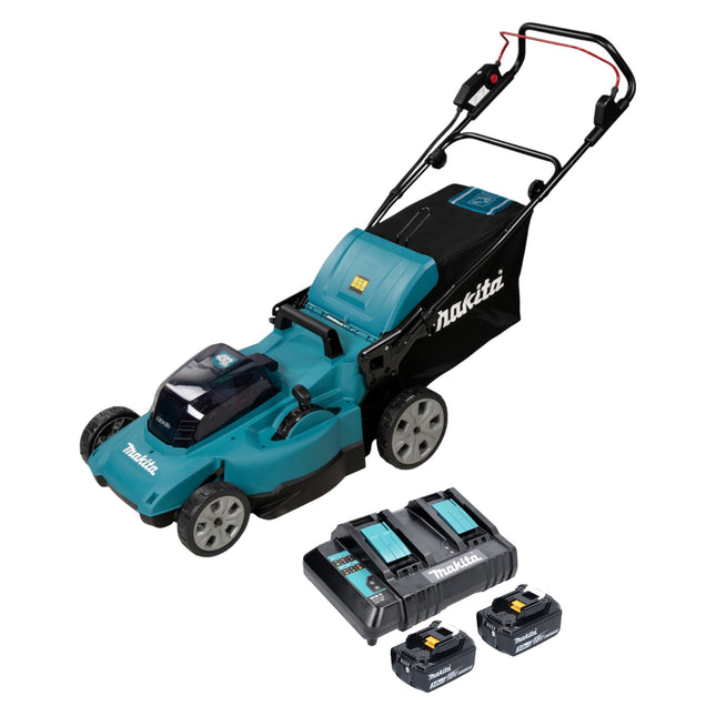 Makita DLM 480 CF2 cordless lawn mower 36 V ( 2x 18 V ) 48 cm 62 l + 2x battery 3.0 Ah + charger