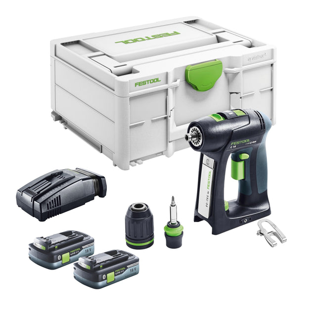 Festool C 18 Basic akumulatorowa wiertarko-wkrętarka 18 V 45 Nm bezszczotkowa + 2x akumulator 4,0 Ah + szybka ładowarka + systainer