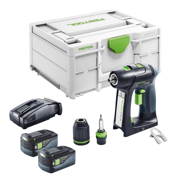 Festool C 18 Basic Taladro atornillador con batería 18 V 45 Nm sin escobillas + 2x batería 5,0 Ah + cargador rápido + Systainer