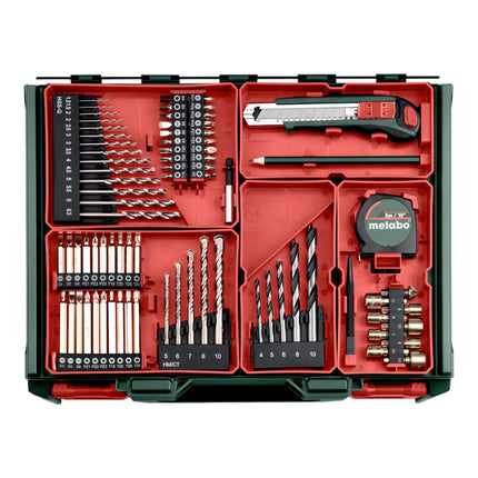 Metabo SB 18 L Set taladradora de percusión a batería 18 V 50 Nm ( 602317710 ) + 2x batería recargable 2,0 Ah + cargador + 78 piezas taller móvil + maletín