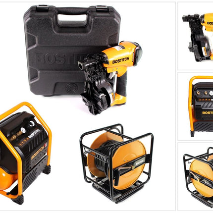 Bostitch RN46K-2-E Druckluft Nagler + RC10SQ-E Baustellen Kompressor 9,4 Liter + Druckluftschlauch 30m + Koffer - Toolbrothers