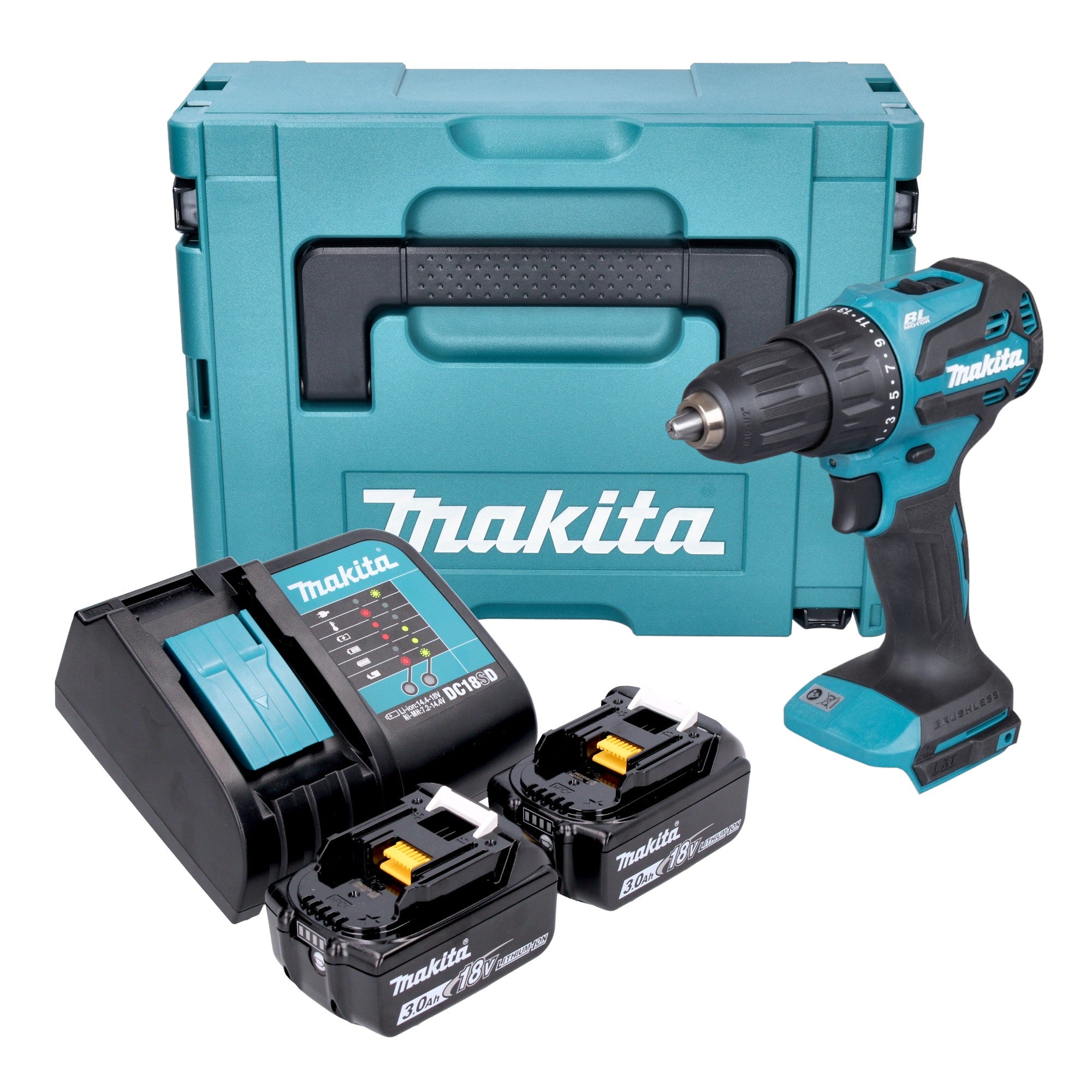 Makita DHP 490 SFJ cordless impact drill 18 V 65 Nm brushless 2x battery Ah charger Makpac
