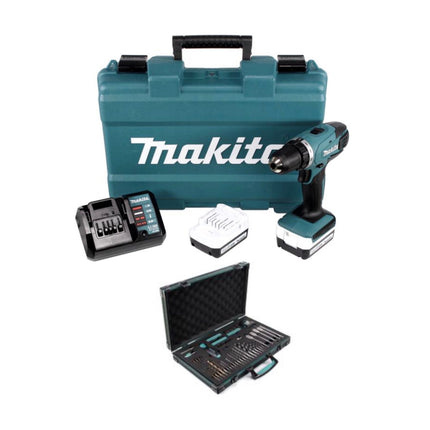 Trapano avvitatore a batteria Makita DF 347 DWE 14,4 V Li-ion + 2x batterie 1,5 Ah + caricabatterie + Makita P-90261 Pro XL - Ampio set di punte, trapani e accessori - 70 pezzi