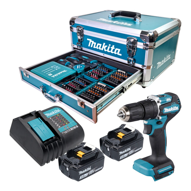 Makita DHP 487 SFX9 Akku Schlagbohrschrauber 18 V 40 Nm Brushless 2x Akku 3 0 Ah Ladegeraet 96 tlg Zubehoer Set Koffer 0 - toolbrothers