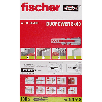 Cheville à expansion Fischer DUOPOWER 8x40mm 500 pièces (5x 555008)