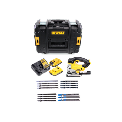 Scie sauteuse sans fil DeWalt DCS 331 N + 2 batteries 2 Ah + chargeur + jeu de lames de scie sauteuse Bosch + TSTAK