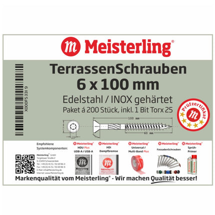 Meisterling Terrassenschrauben 6x100 mm 200 Stück ( 010010000051 ) CUT Spitze 90° Linsen Senkkopf mit Torx 2/3 Grobgewinde VA Edelstahl