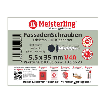 Meisterling Fassadenschrauben 5,5x35 mm 100 Stück ( 010030000111 ) 12 mm Flachkopf anthrazit mit Torx Teilgewinde V4A Edelstahl