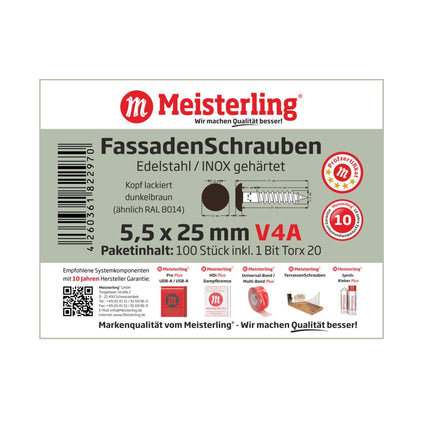 Meisterling Vis de façade 5,5x25 mm - 100 pièces (010030000031) tête plate 12 mm brun foncé + Filetage partiel Torx acier inoxydable V4A