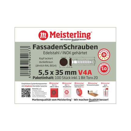 Meisterling Fassadenschrauben 5,5x35 mm 100 Stück ( 010030000131 ) 12 mm Flachkopf dunkelbraun mit Torx Teilgewinde V4A Edelstahl