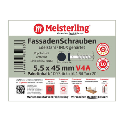 Meisterling Fassadenschrauben 5,5x45 mm 100 Stück ( 010030000321 ) 12 mm Flachkopf anthrazit mit Torx Teilgewinde V4A Edelstahl