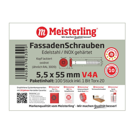 Meisterling Fassadenschrauben 5,5x55 mm 100 Stück ( 010030000451 ) 12 mm Flachkopf oxidrot mit Torx Teilgewinde V4A Edelstahl