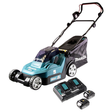Cortacésped sin cable Makita DLM 432 PM2 36 V (2x 18 V) 43 cm sin escobillas + 2x Baterías 4.0 Ah + Cargador Dual