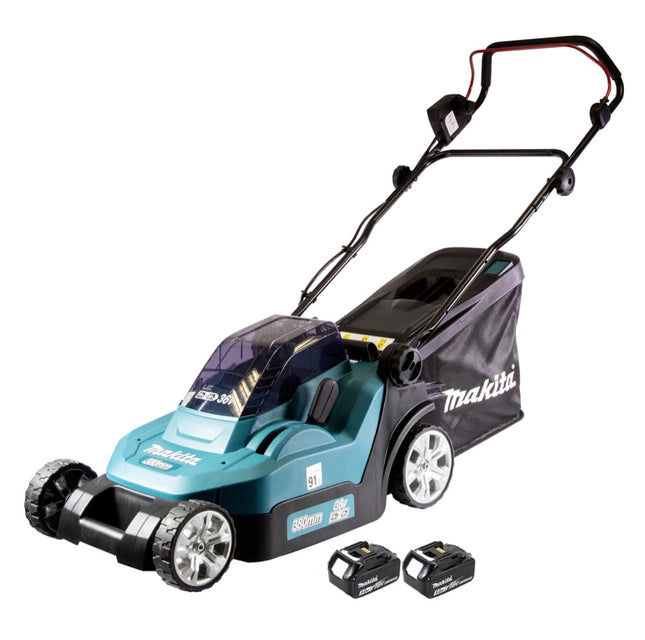 Cortacésped sin cable Makita DLM 432 T2 36 V (2x 18 V) 43 cm sin escobillas + 2x Baterías 5.0 Ah - sin cargador