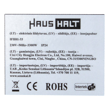 HausHalt IFH01-33 Chauffage électrique 3,3 kW - 3 niveaux de puissance 33 m² pour atelier, cave, chantier (51331370)