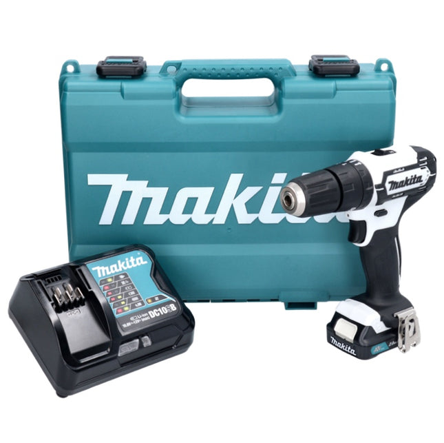 Makita HP 333 DSAW cordless impact drill 12 V 30 Nm white + 1x battery 2.0 Ah + charger + case