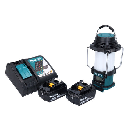 Makita DMR 055 RM radio inalámbrica 18 V FM con linterna 360° + 2x batería recargable 4,0 Ah + cargador