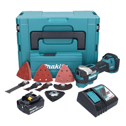 Makita DTM 52 RG1JX4 cordless multifunction tool 18 V Starlock Max Brushless + 1x rechargeable battery 6.0 Ah + charger + accessory set + Makpac