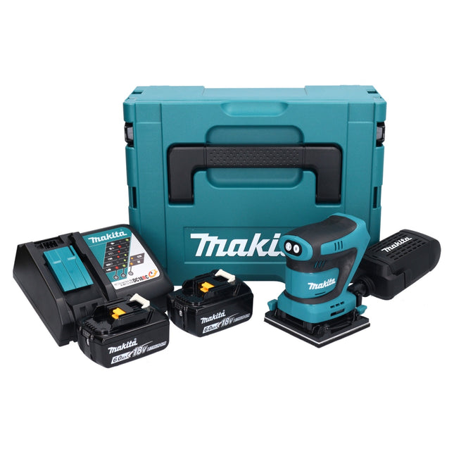 Makita DBO 480 RGJ Akku Schwingschleifer 18 V 112 x 102 mm + 2x Akku 6,0 Ah + Ladegerät + Makpac