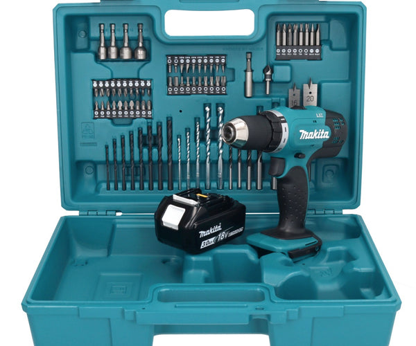Makita DDF 453 F1X1 Perceuse-visseuse sans fil 18 V 42 Nm 1x Batterie 3,0  Ah kit d'accessoires 74 pièces Mallette sans chargeur
