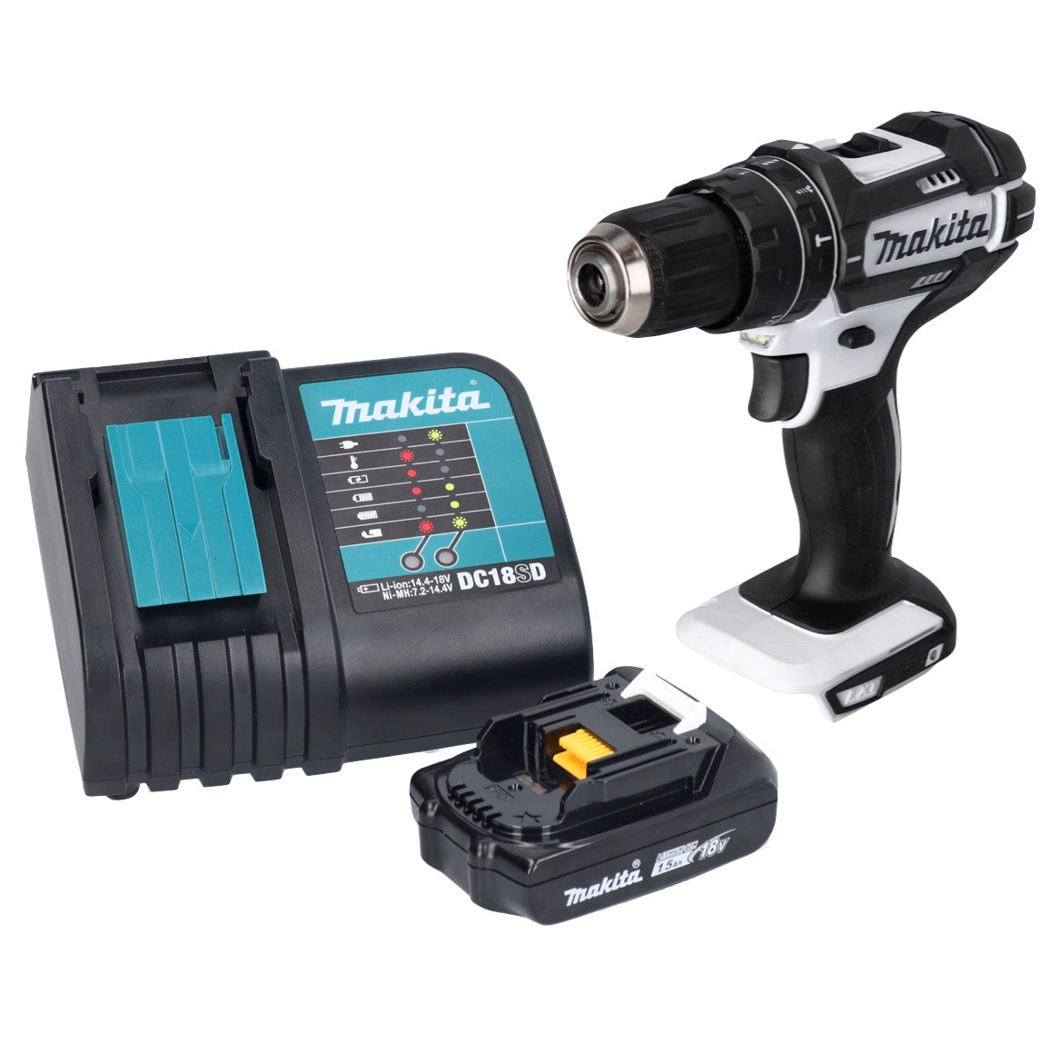 Makita DHP 482 SY1W Akku Schlagbohrschrauber 18 V 62 Nm Weiß 1x Akku 1,5 Ah Ladegerät