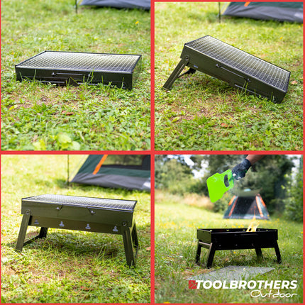 Toolbrothers Outdoor portable charcoal grill for camping tool-free assembly 43 x 29 x 23 cm black chrome coated Smoker BBQ Pit Grill