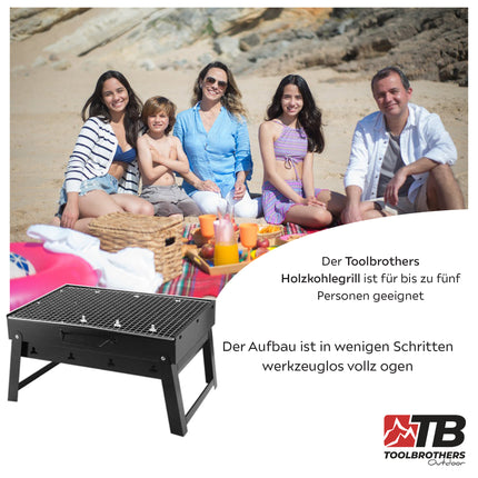 Toolbrothers Outdoor portable charcoal grill for camping tool-free assembly 43 x 29 x 23 cm black chrome coated Smoker BBQ Pit Grill