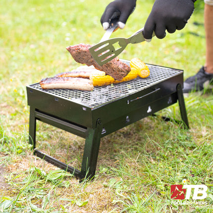 Toolbrothers Outdoor portable charcoal grill for camping tool-free assembly 43 x 29 x 23 cm black chrome coated Smoker BBQ Pit Grill