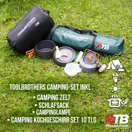 Set da campeggio all'aperto Toolbrothers tenda per 2-4 persone tenda idraulica pop-up + attrezzatura da campeggio 13 pezzi