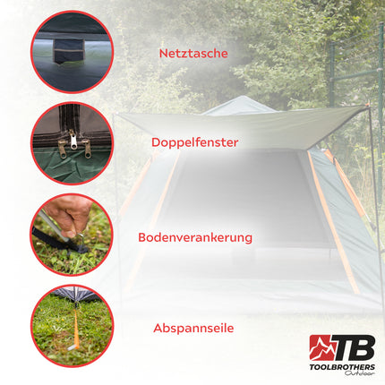 Set da campeggio all'aperto Toolbrothers tenda per 2-4 persone tenda idraulica pop-up + attrezzatura da campeggio 13 pezzi