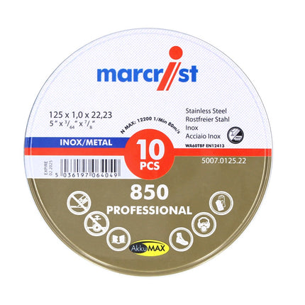 Marcrist 850 Inox Disque à tronçonner spécial ultra-mince 10 pièces 115 x 1,0 x 22,23 mm ( 5007.0125.22 ) pour meuleuses angulaires