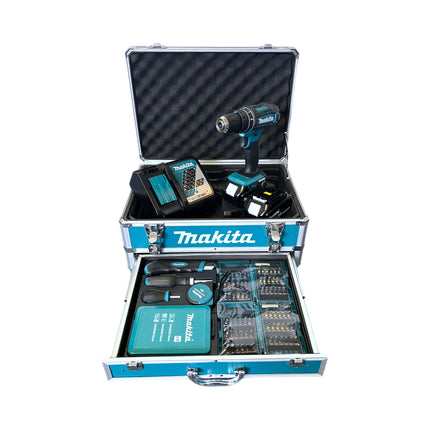 Taladro de percusión inalámbrico Makita DHP 482 RFX9 18 V 62 Nm + 2x batería recargable 3,0 Ah + cargador + juego de accesorios + maletín