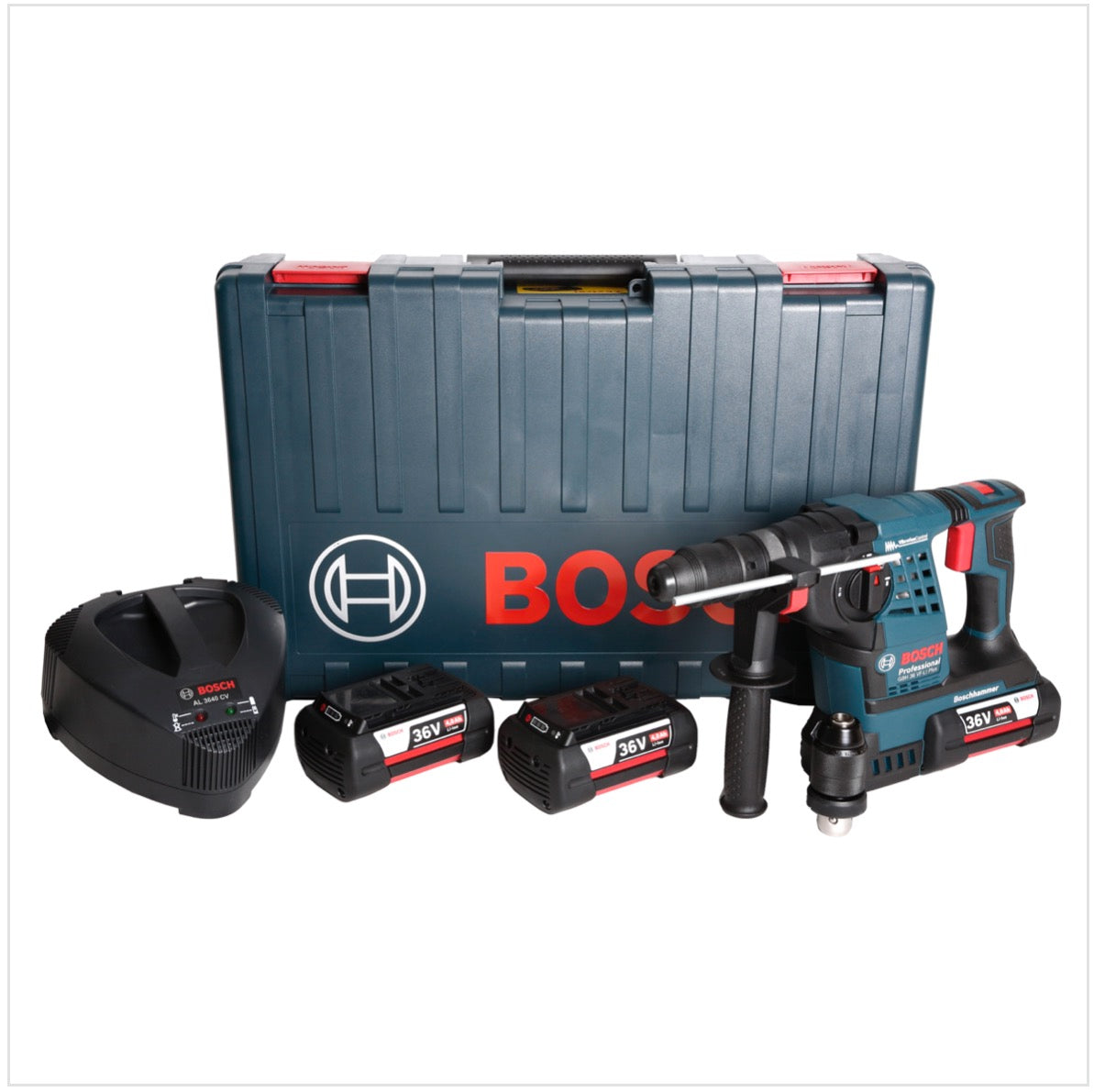 Bosch GBH 36 VF-LI Plus Cordless Rotary Hammer 36V SDS plus 3x Batteries GBA Ah 1x Charger Carry Case Replacement Chuck