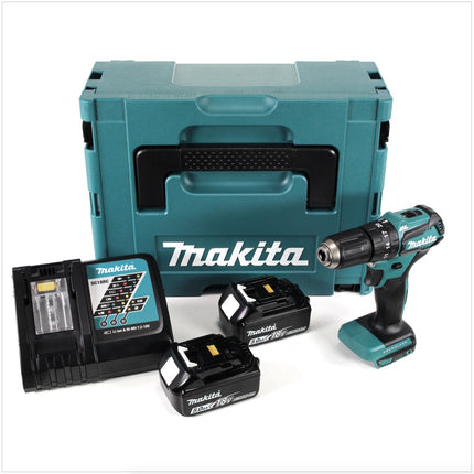 Makita DHP 483 RTJ Taladro percutor a batería 18 V en maletín Makpac 2 + 2x Batería BL 1850 + Cargador DC 18 RC